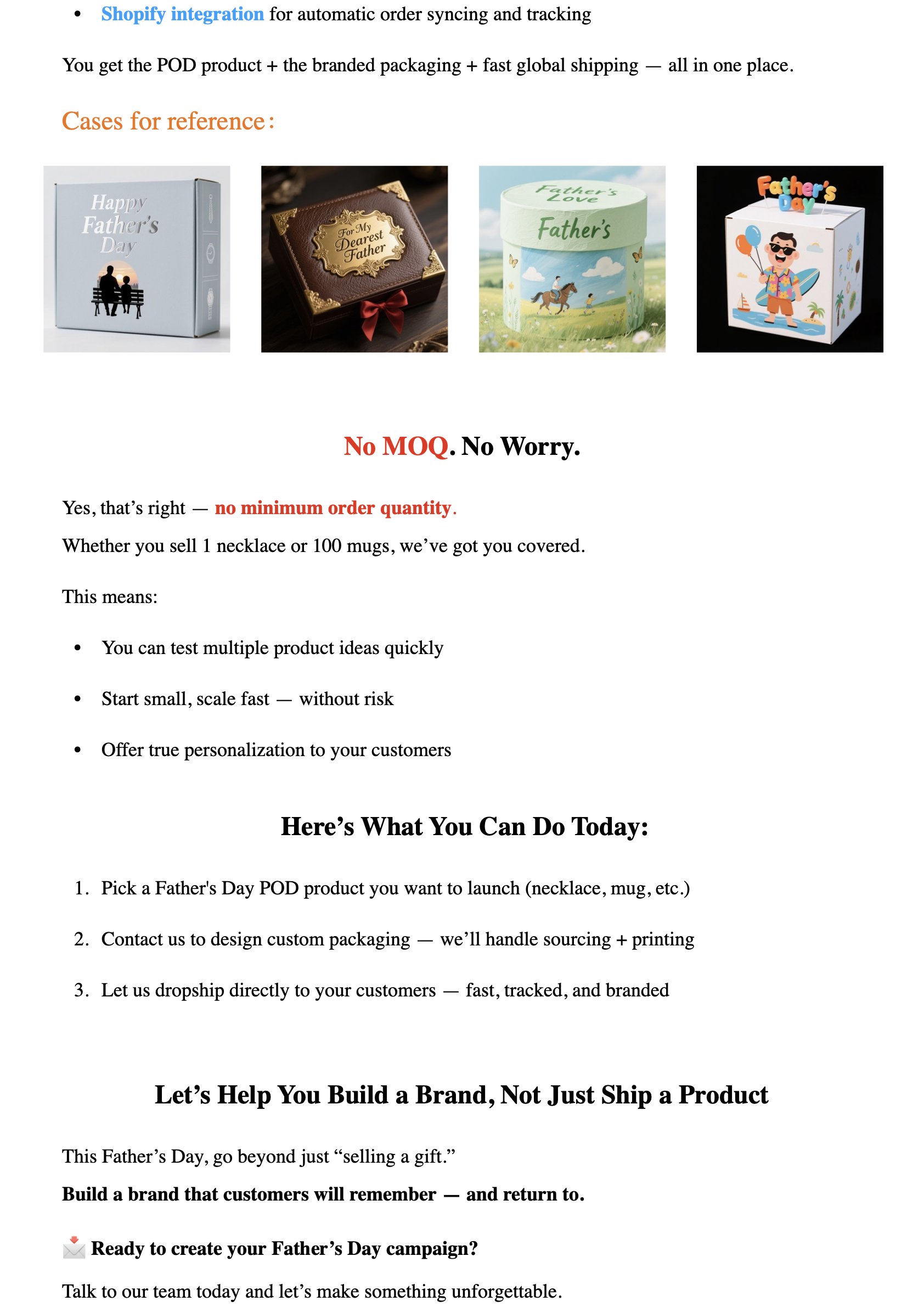 No MOQ POD and packaging service with global fulfillment, fast shipping, and Shopify order integration for Father's Day