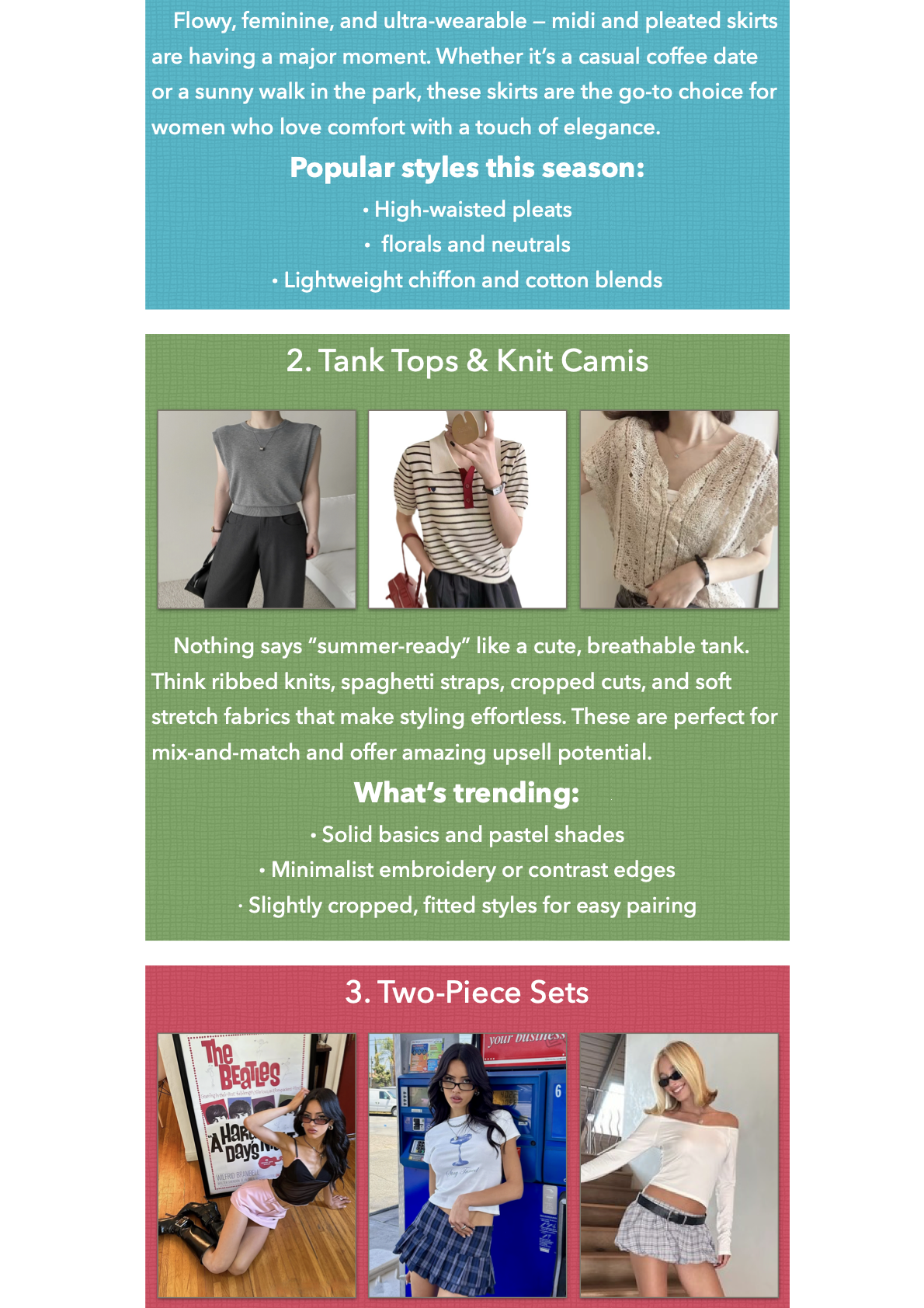 Top 3 Summer Fashion Items for Online Shops – Stylish and Profitable Hot-selling summer women’s clothing for eCommerce: pleated skirts, knit tanks, and co-ord sets