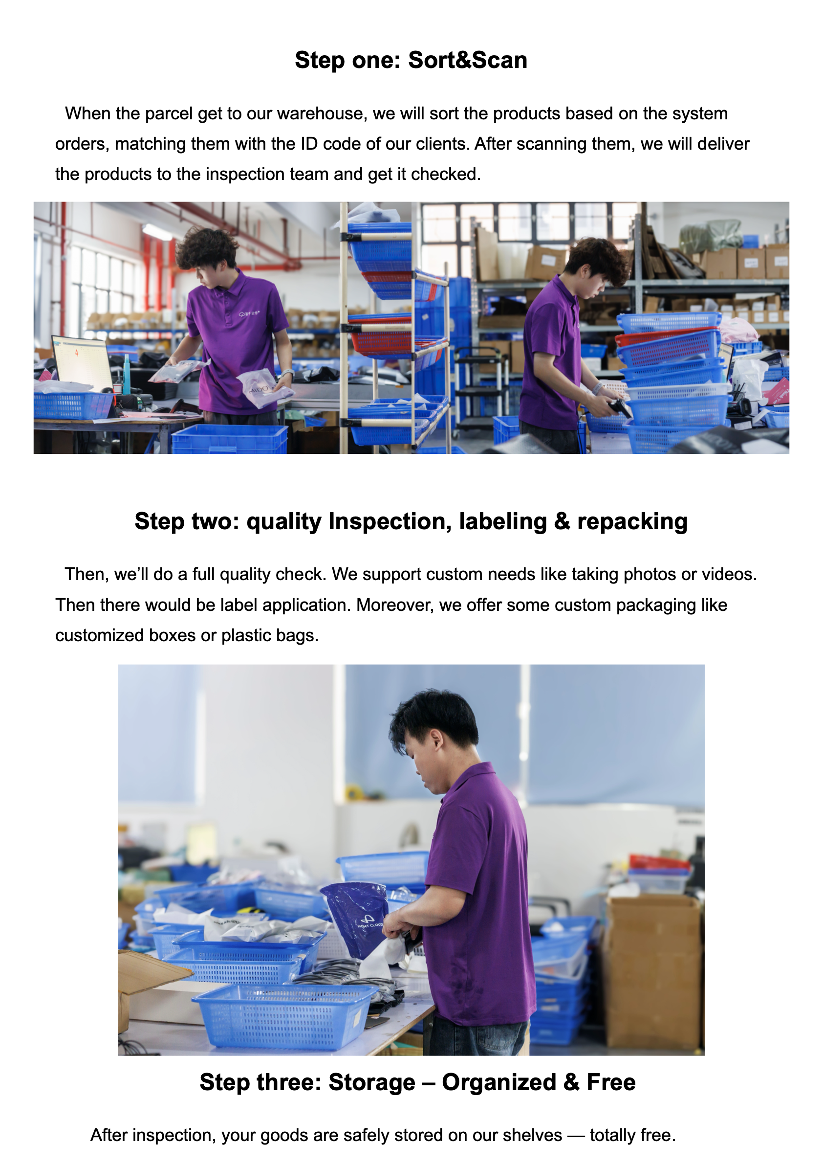 Order fulfillment process: picking, bundling, labeling, and shipping from Dongguan warehouse