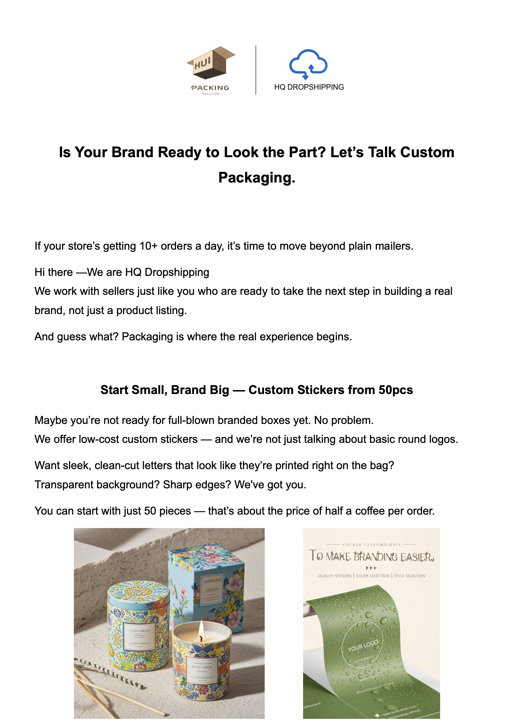 Custom logo stickers for branded dropshipping packaging – low MOQ starting from 50pcs
